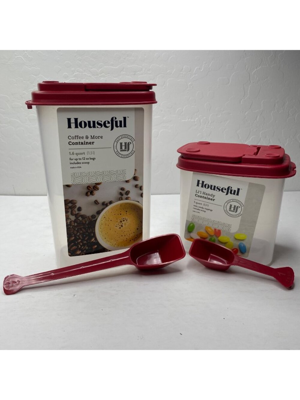 Houseful Kitchen Coffee 1.6 Qt Lil Handy 1 Qt Containers W/ Scoops Red Lid Plast